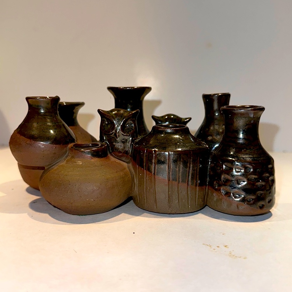 7 Vtg bud vases that are connected & 2 owls - crafted in Japan for Takahashi